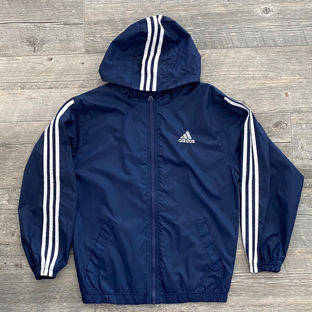 Adidas Youth Large Vintage Y2K  Navy Three Stripe Hooded Windbreaker Jacket